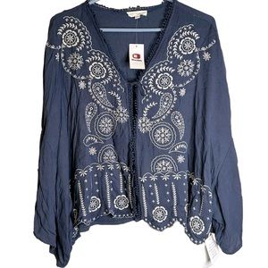 Coco + Jaimeson Embroidered Boho Kimono Top NWT Navy Large Cottagecore Festival